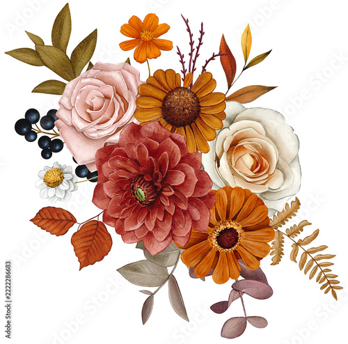 Hand drawn autumn bouquet with roses and dahlias. Watercolor illustration.