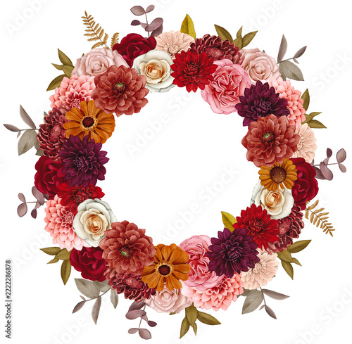 Hand drawn wreath with autumn flowers and leaves. Watercolor illustration.