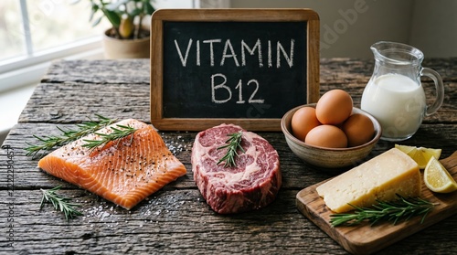 Vitamin B12 foods with salmon, beef, eggs, milk and cheese on a rustic table. Animal-based sources of essential nutrients. Balanced diet and nutrition education. Healthy eating concept.