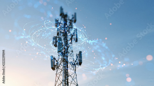 Cellular antenna tower against a clear sky with a light digital overlay of connection lines signal waves and data nodes spreading from the antennas steel mast with panel antennas in the