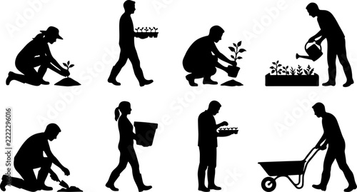 Silhouettes of people gardening and planting vector illustration