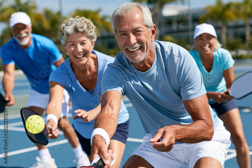 Senior couple plays pickleball together on a sunny court. They smile widely, showing joy and camaraderie. The scene captures active, healthy senior living. Perfect for fitness, retirement