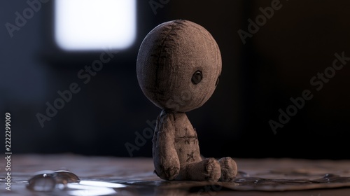 Doll figure sitting on a surface with water droplets in a dimly lit room