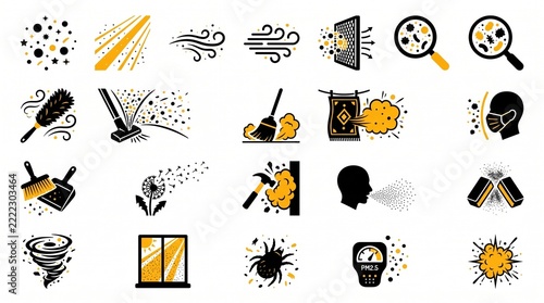 Dust and air pollution icon set featuring allergen cleaning and wind symbols.