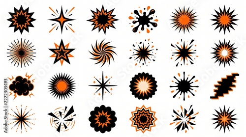 Explosion vector icon set featuring black and orange burst comic elements art.