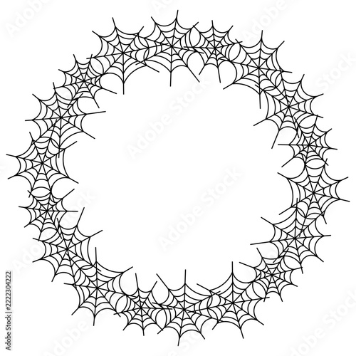 Round light lace wreath of black line art spider webs with empty copy space in the center. Editable stroke. Spooky Halloween cobweb frame isolated on transparent background. PNG. Vector
