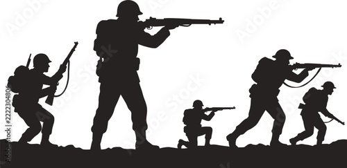 World War Two soldier silhouettes, military infantry unit in battle, armed army troops with rifles, stock illustration
