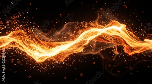 Abstract flowing wave of bright orange and yellow fire flames on black background