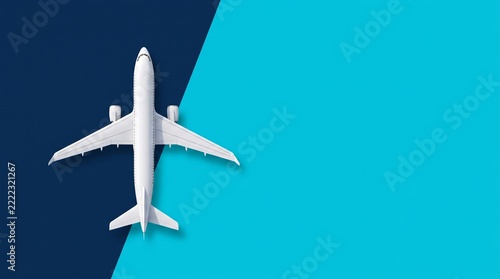Minimalist white passenger airplane viewed from above over a geometric navy blue and cyan background, ideal for airline advertising, travel banners, and tourism promotions.