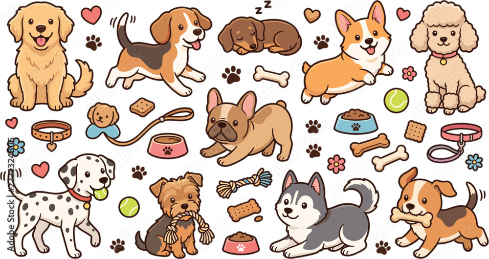 Fototapeta premium Cute cartoon dog vector collection featuring happy puppies corgi husky dalmatian bulldog and pet care accessories