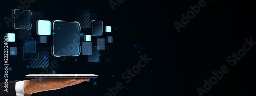 Futuristic interface technology concept with floating digital panels above a professional hand, dark background and generous copy space for online design.