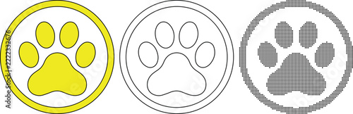 Set of three circular animal paw print icons in yellow outline and