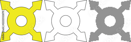 Set of geometric cross arrow shapes in yellow outline and halftone