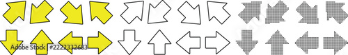 Set of directional arrows in yellow flat outline and halftone styles