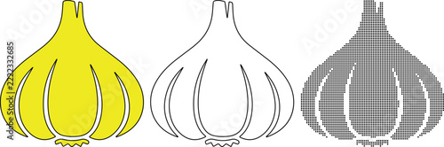 Set of three garlic bulb vector illustrations in flat line art and