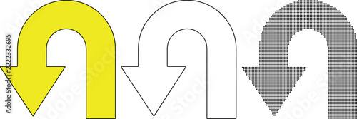 Set of three u turn arrow icons in yellow outline and halftone styles