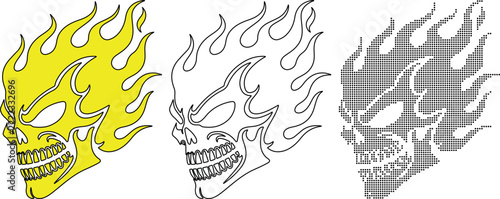 Flaming skull vector set with flat yellow outline and halftone dot