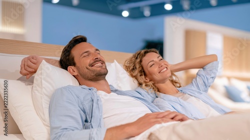 Furniture store showroom bed holding smiling couple lying down testing comfortable mattress firmness for sleep support
