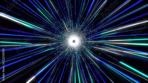Abstract background with bright blue and white light streaks moving fast in a tunnel effect motion representing speed and futuristic technology energy concepts