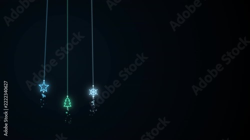 Elegant glowing neon outline ornaments, star, tree, and snowflake, shimmering against a dark background.