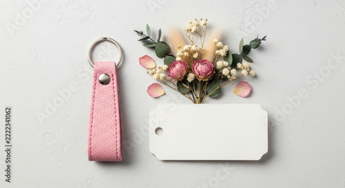 Minimalist Flat Lay with Pink Leather Keychain, Dried Floral Arrangement, and Blank Gift Tag.