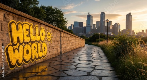 Hello World Graffiti on a Stone Wall Along a Path to the Sunrise Cityscape