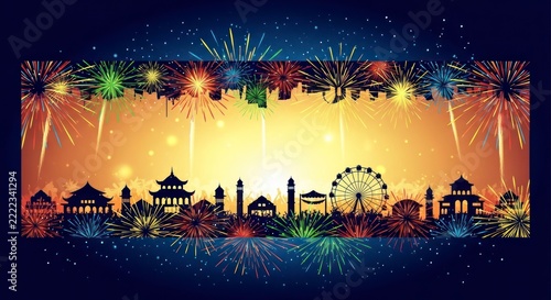 Luminous Global Cityscape Silhouette Framed by a Dazzling Fireworks Celebration.