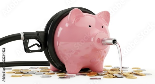 Fuel Costs Draining Savings - Pink Piggy Bank Leaks Money from a Gas Pump Snout.
