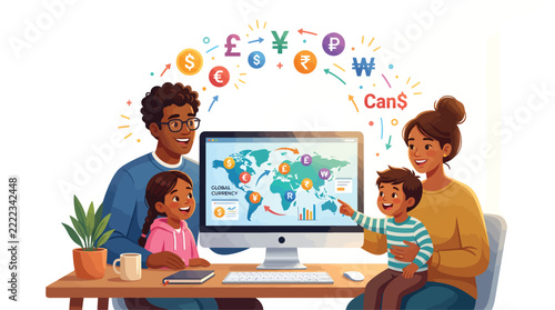 Diverse Family Learning Global Finance and Currency Exchange Online Together at Home Office Computer