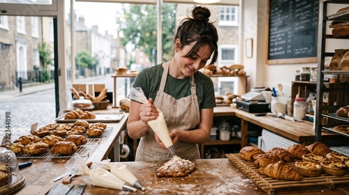 Woman decorating pastries with a piping bag in a small bakery