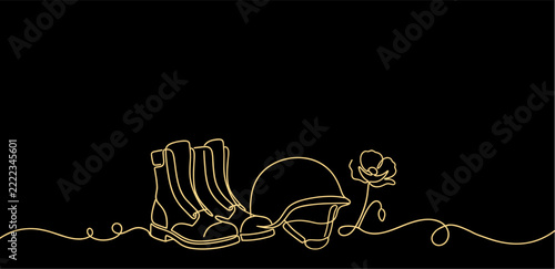 Remembrance Day Gold Line Art Banner with Military Boots, Helmet and Poppy Flower, Veterans Day Black Background with Copy Space