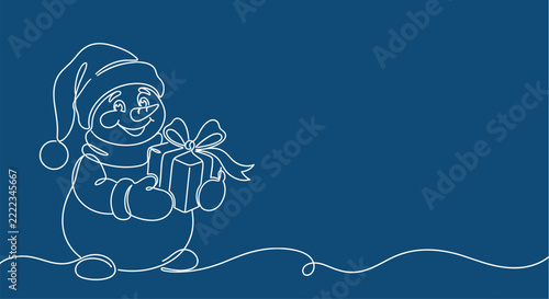 Cute Christmas Snowman with Gift Box and Santa Hat Continuous Line Art, Winter Holiday Blue Background Banner with Copy Space