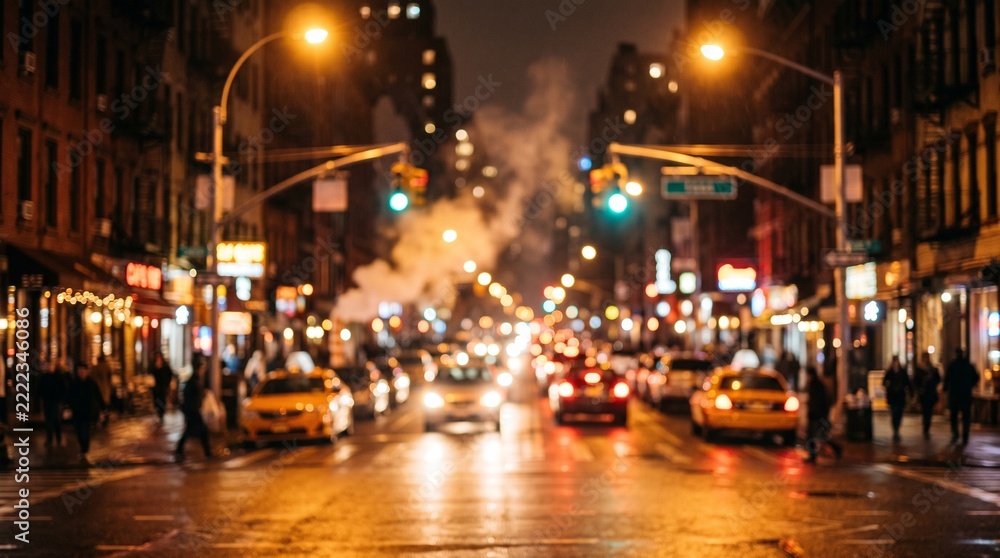 Fototapeta premium Blurred nighttime city street scene with traffic and pedestrians in rain