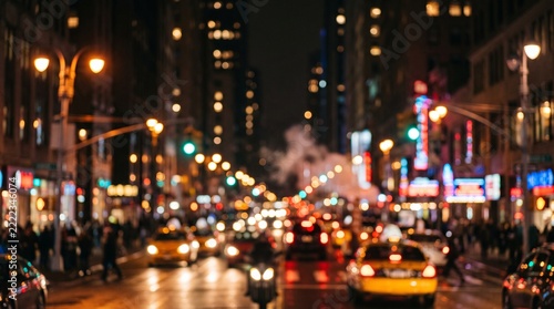 Bright city street at night with blurred traffic and illuminated buildings