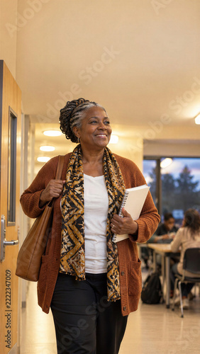 Smiling senior black woman with braids walking in school corridor holding notebook with leather bag, happy mature student at evening college