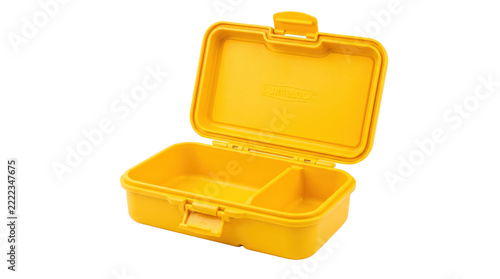 Open yellow plastic lunch box with hinged lid, two molded compartments and durable reusable food-storage construction. Photorealistic studio product photography, three-quarter front view, tack-sharp