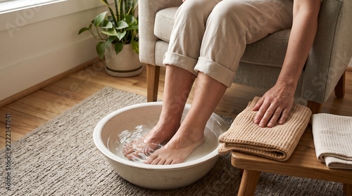 Person relaxing with a warm foot soak in a basin at home for wellness