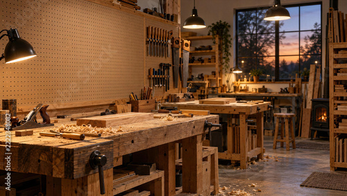 Empty carpentry workshop with wooden workbench, hand planes, wood shavings, tools on pegboard wall, wood stove, sunset sky seen in window