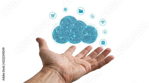 Cloud Network Hologram Held In Hand Side View On White Background