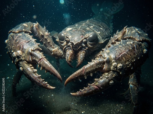 Prehistoric Pterygotus giant sea scorpion in deep dark ocean water, underwater 3D paleoart.