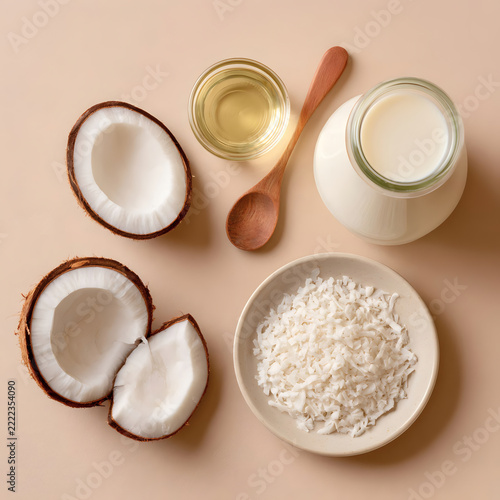 Coconut milk, shredded coconut, fresh coconut halves, and coconut oil on a beige background, viewed from above. Healthy vegan ingredients for cooking or baking.