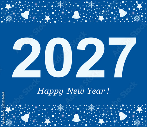 Merry Christmas 2027. New Year 2027 date on blue background with pattern of bells, snowflakes and stars. Flat vector illustration.