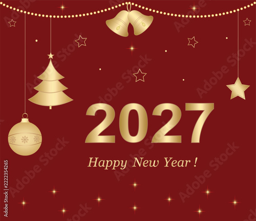 Merry Christmas 2027. Flat vector illustration background with numbers 2027 and New Year symbols on red background.