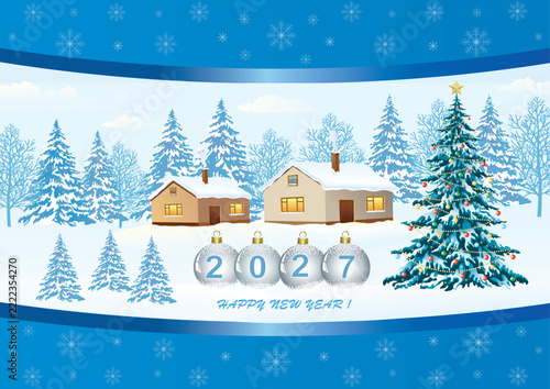 Happy New Year 2027. Number 2027 on baubles near the Christmas tree on winter landscape background. Vector illustration for greeting cards, social media, marketing