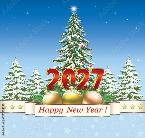 Happy New Year 2027. Festive banner with Christmas tree and date 2027 decorated with balls and ribbon on blue background with fir trees. Vector illustration for greeting cards, social media, marketing