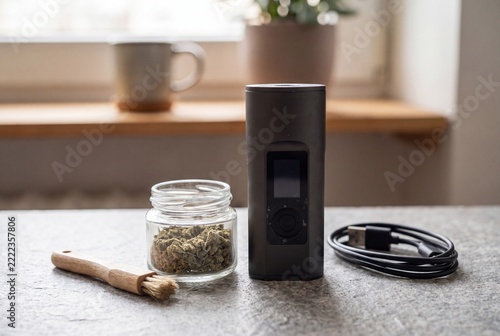 Modern portable dry herb vaporizer, glass jar with cannabis flower, cleaning brush, and charging cable on a gray table in a home setting.