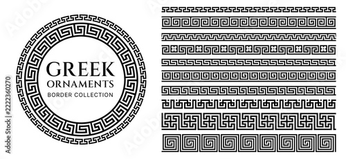 Ancient Greek meander ornament border collection with circular frame and seamless geometric decorative vector pattern brushes, black and white Hellenic key patterns inspired by classical architecture