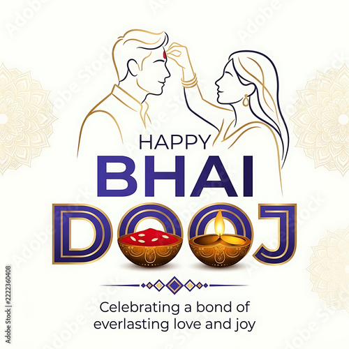 Happy bhai dooj greeting card design with sister applying tilak to