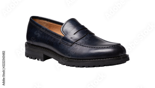 Fotografie Dark blue leather penny loafer shoe with thick lug sole, isolated on transparent