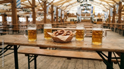 Traditional Oktoberfest beer tent with beer mugs and pretzels on a wooden table.
